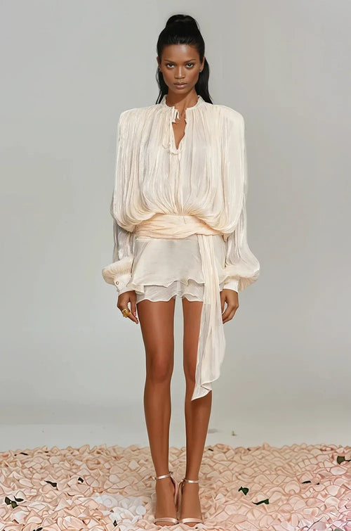 Champagne Silk Pleated Chiffon Ruffle Mini Dress