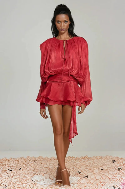 Champagne Silk Pleated Chiffon Ruffle Mini Dress