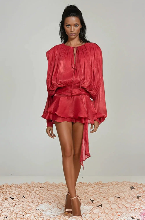 Champagne Silk Pleated Chiffon Ruffle Mini Dress