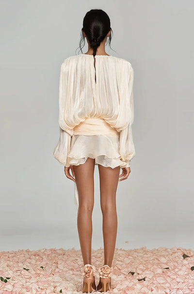 Champagne Silk Pleated Chiffon Ruffle Mini Dress
