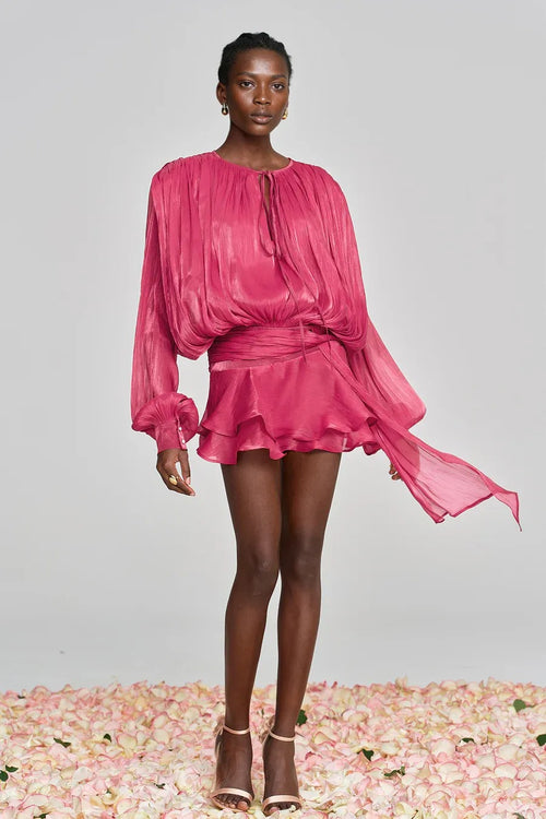 Champagne Silk Pleated Chiffon Ruffle Mini Dress