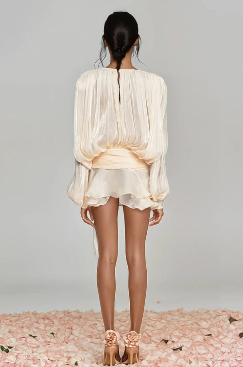 Champagne Silk Pleated Chiffon Ruffle Mini Dress