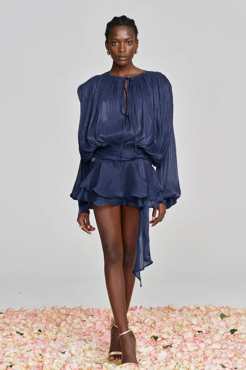 Champagne Silk Pleated Chiffon Ruffle Mini Dress