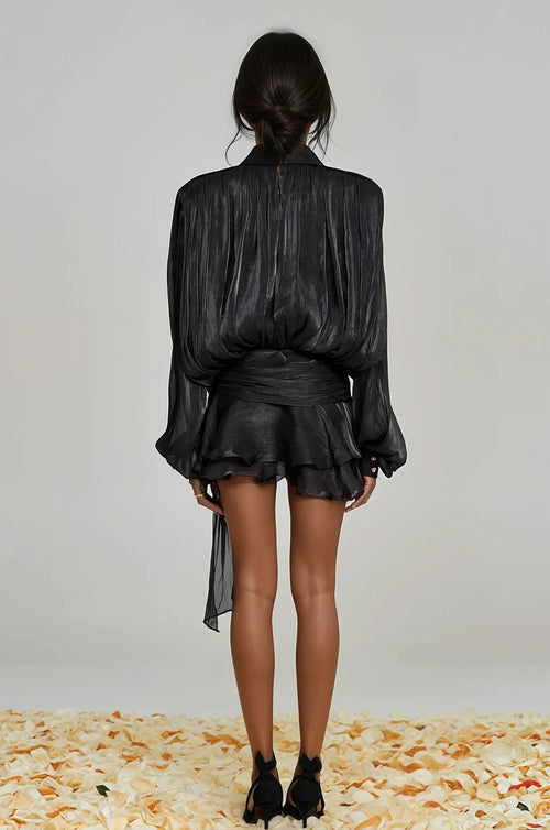 Champagne Silk Pleated Chiffon Ruffle Mini Dress