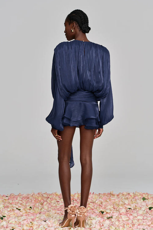 Champagne Silk Pleated Chiffon Ruffle Mini Dress