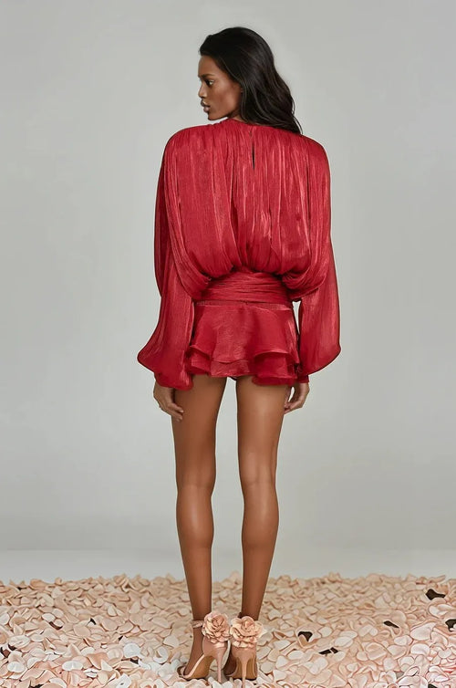 Champagne Silk Pleated Chiffon Ruffle Mini Dress