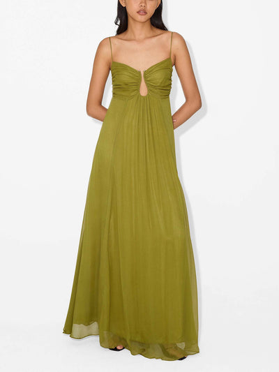 Olive Green Pleated Maxi Dress
