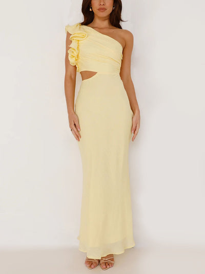 Yellow One-Shoulder Cutout Maxi Dress
