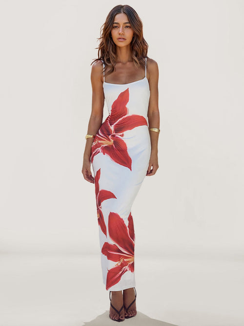 Floral Print Satin Strapless Maxi Dress