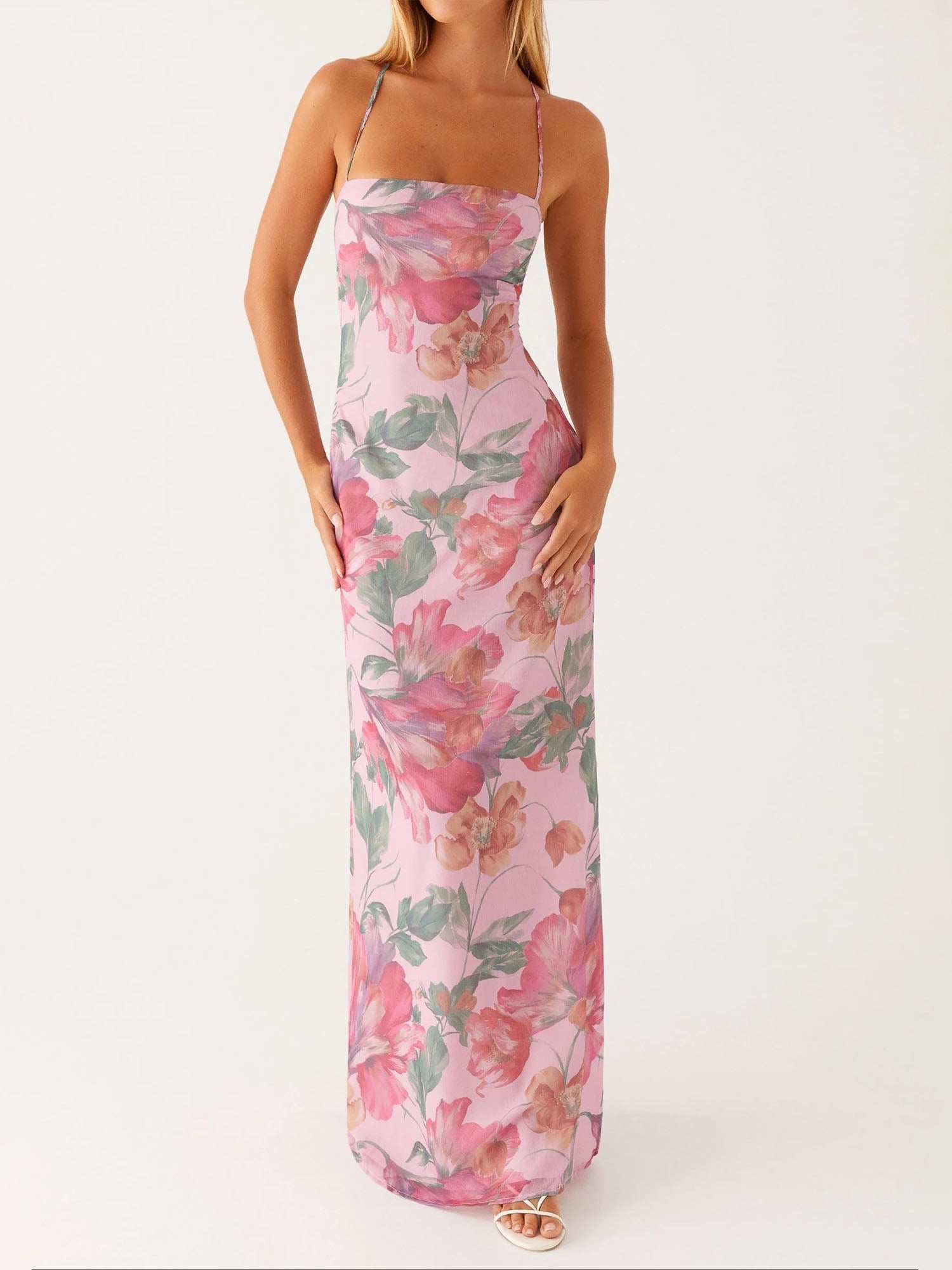 Pink Sheer Floral Maxi Dress with Spaghetti Straps