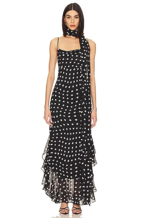 Black and Cream Polkadot Ruffle Maxi Dress