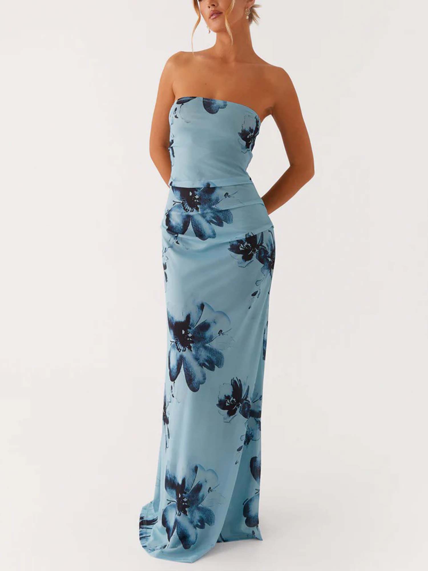 Dusty Blue Strapless Floral Print Maxi Dress