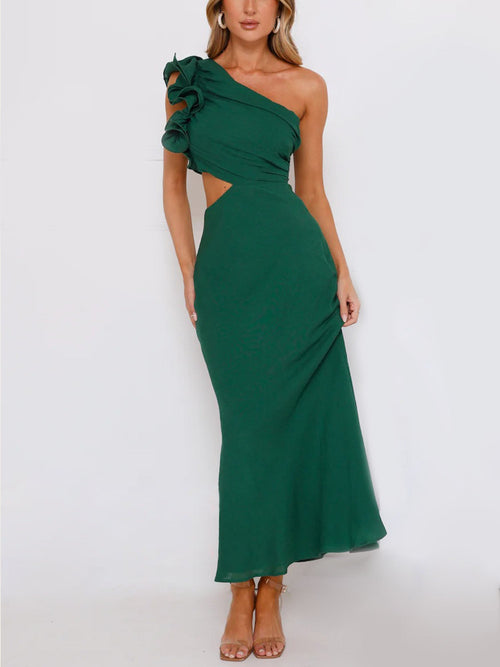 Emerald Green One-Shoulder Cutout Maxi Dress