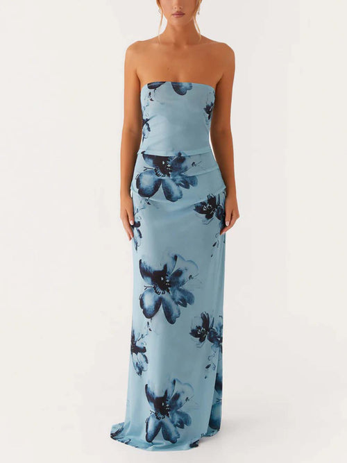 Dusty Blue Strapless Floral Print Maxi Dress