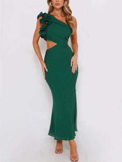 Emerald Green One-Shoulder Cutout Maxi Dress