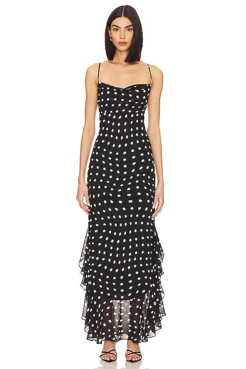 Black and Cream Polkadot Ruffle Maxi Dress