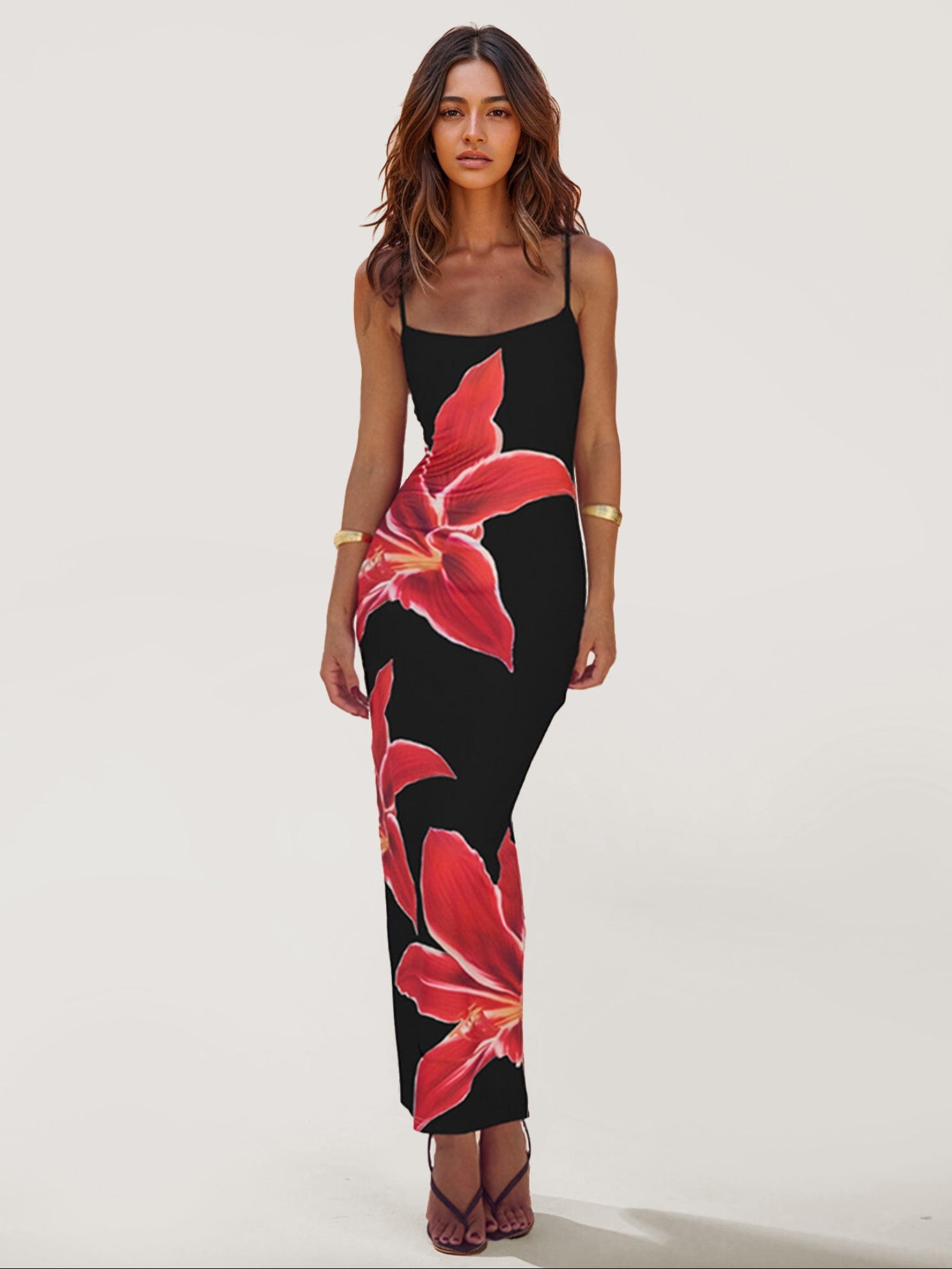Floral Print Satin Strapless Maxi Dress