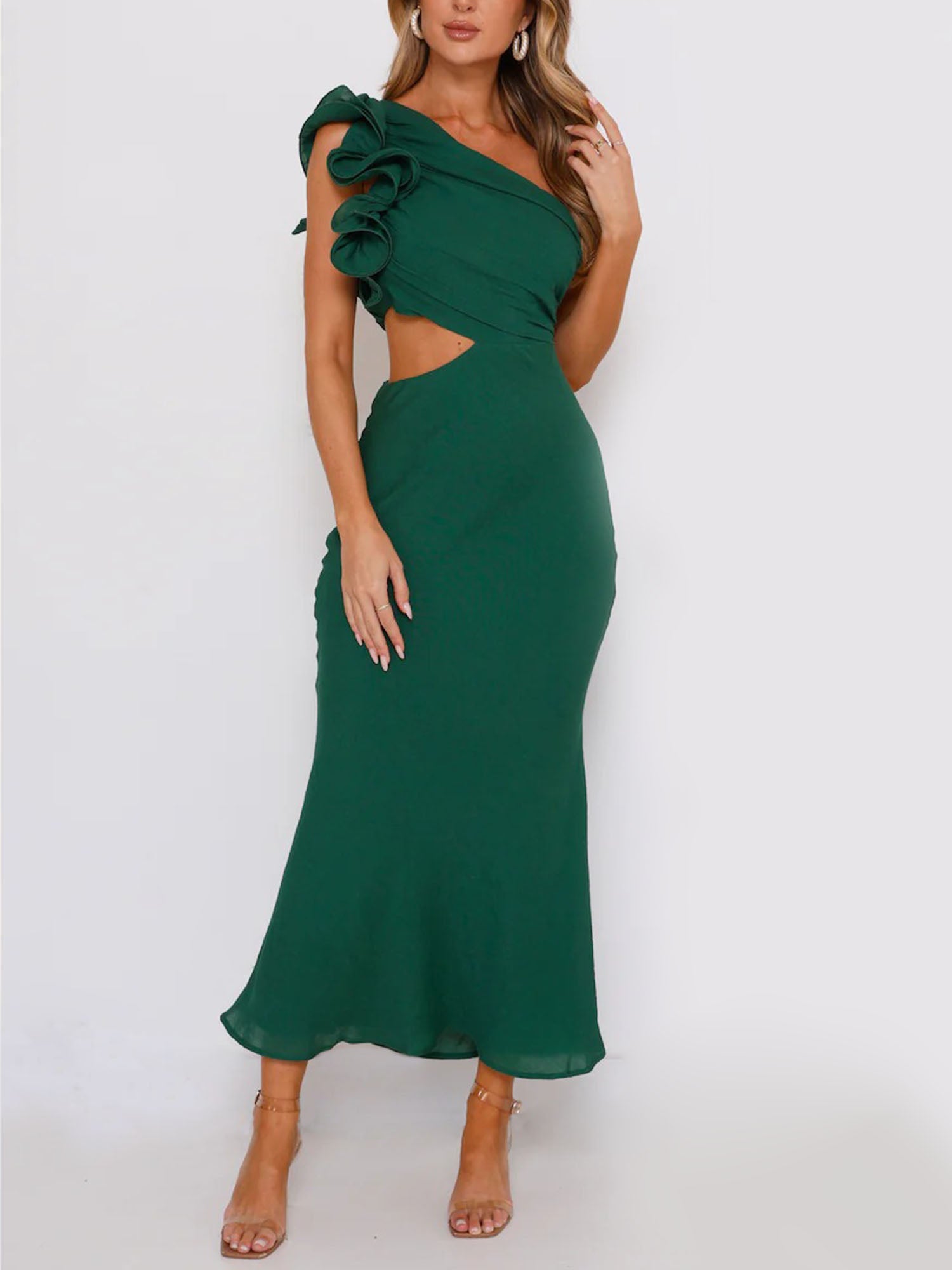 Emerald Green One-Shoulder Cutout Maxi Dress