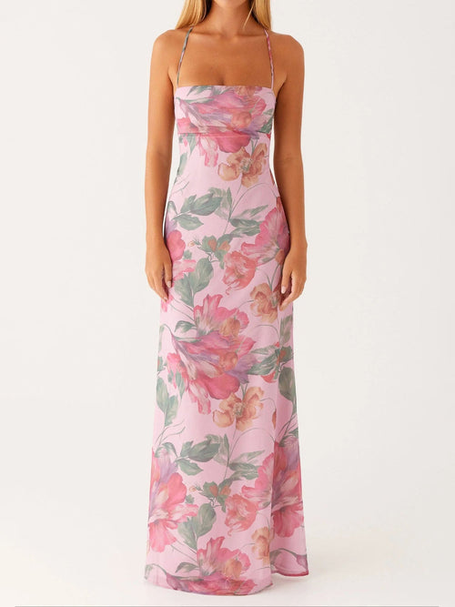 Pink Sheer Floral Maxi Dress with Spaghetti Straps