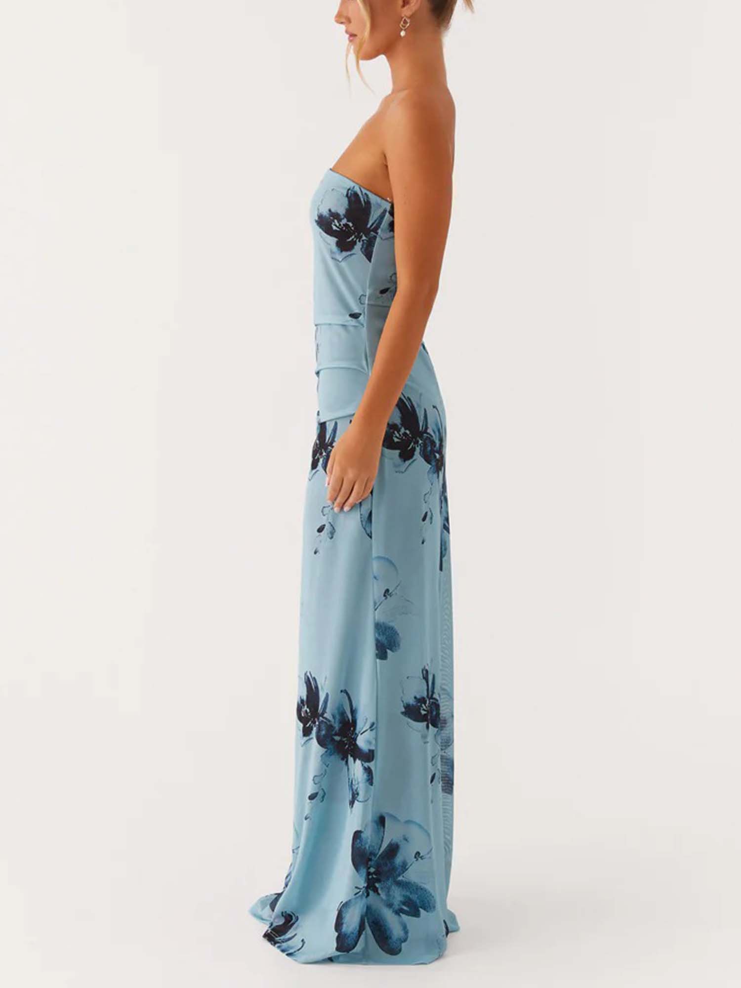 Dusty Blue Strapless Floral Print Maxi Dress