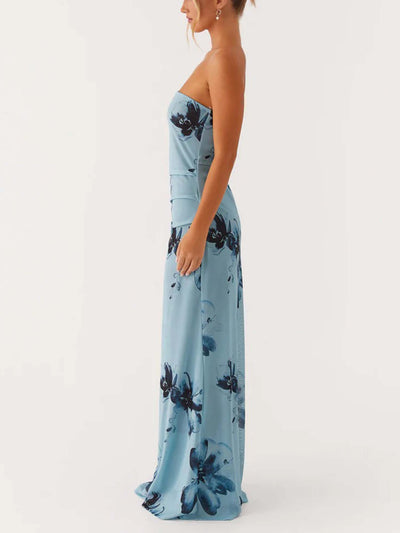 Dusty Blue Strapless Floral Print Maxi Dress