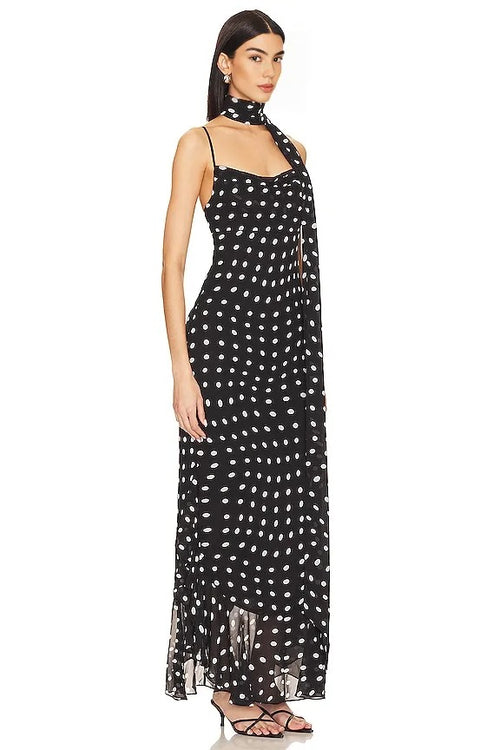 Black and Cream Polkadot Ruffle Maxi Dress