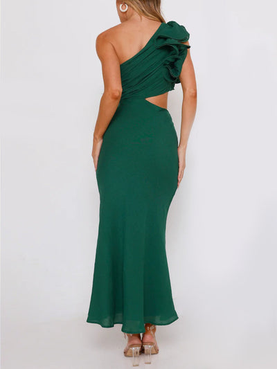 Emerald Green One-Shoulder Cutout Maxi Dress