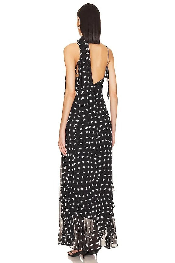 Black and Cream Polkadot Ruffle Maxi Dress