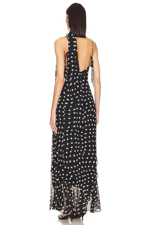 Black and Cream Polkadot Ruffle Maxi Dress