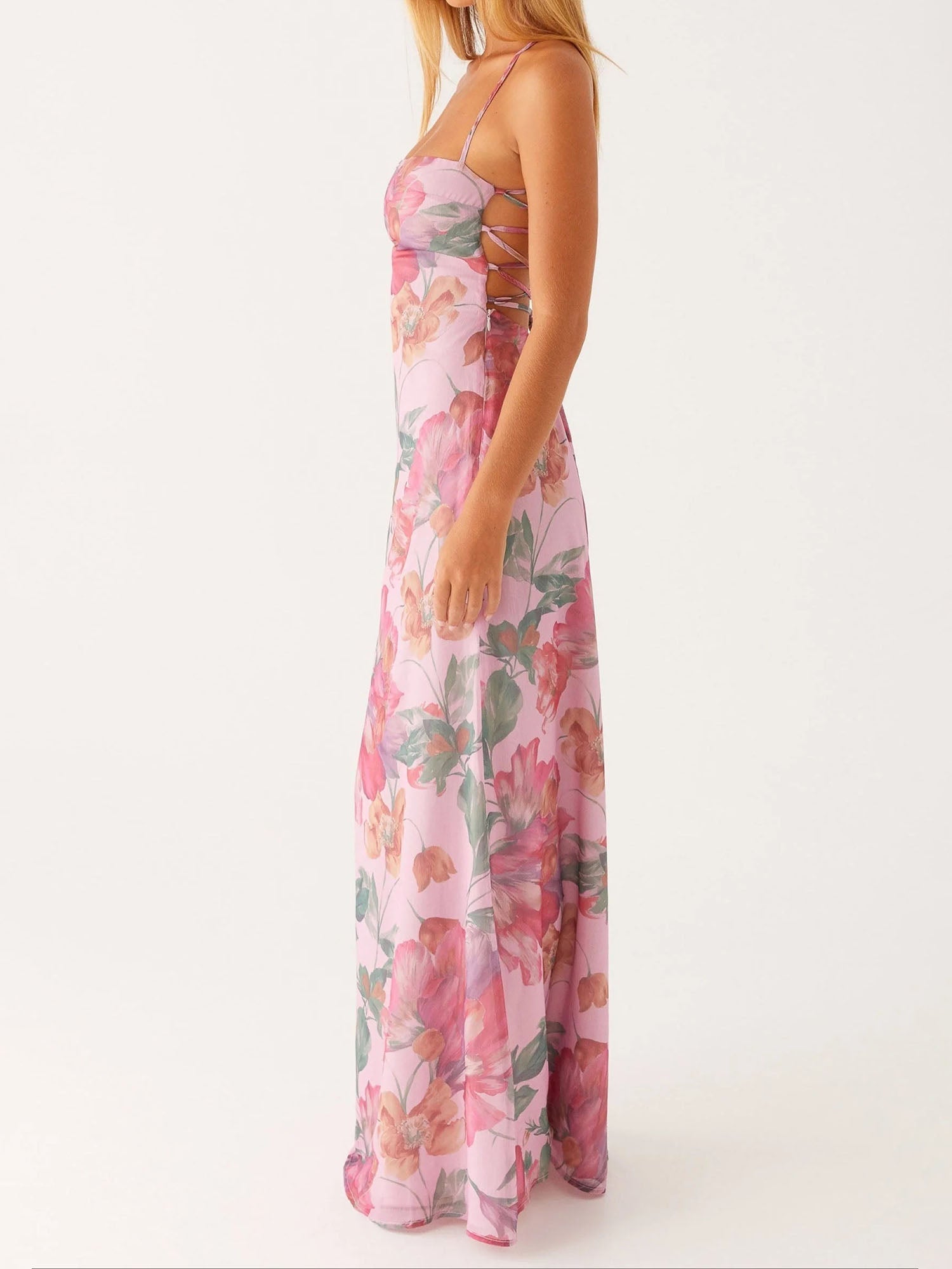 Pink Sheer Floral Maxi Dress with Spaghetti Straps