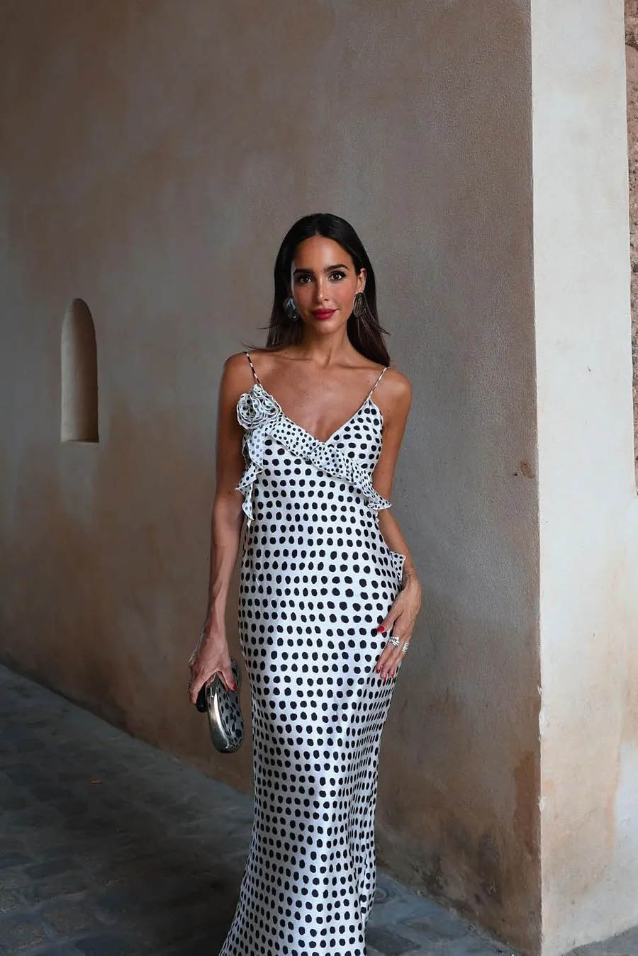 Talyor Ruffle Cross Polka Maxi Dress