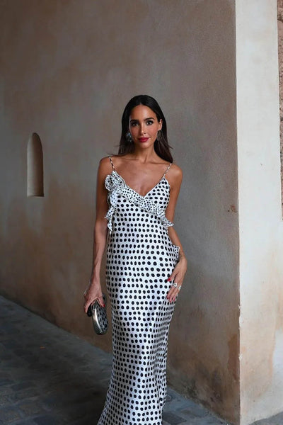 Talyor Ruffle Cross Polka Maxi Dress