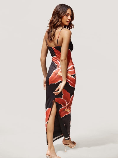 Floral Print Satin Strapless Maxi Dress