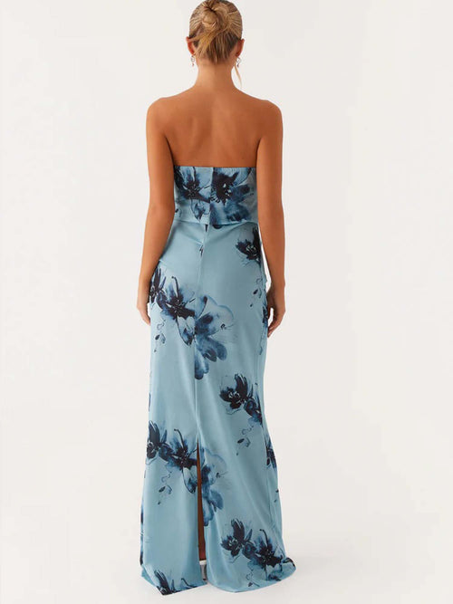 Dusty Blue Strapless Floral Print Maxi Dress