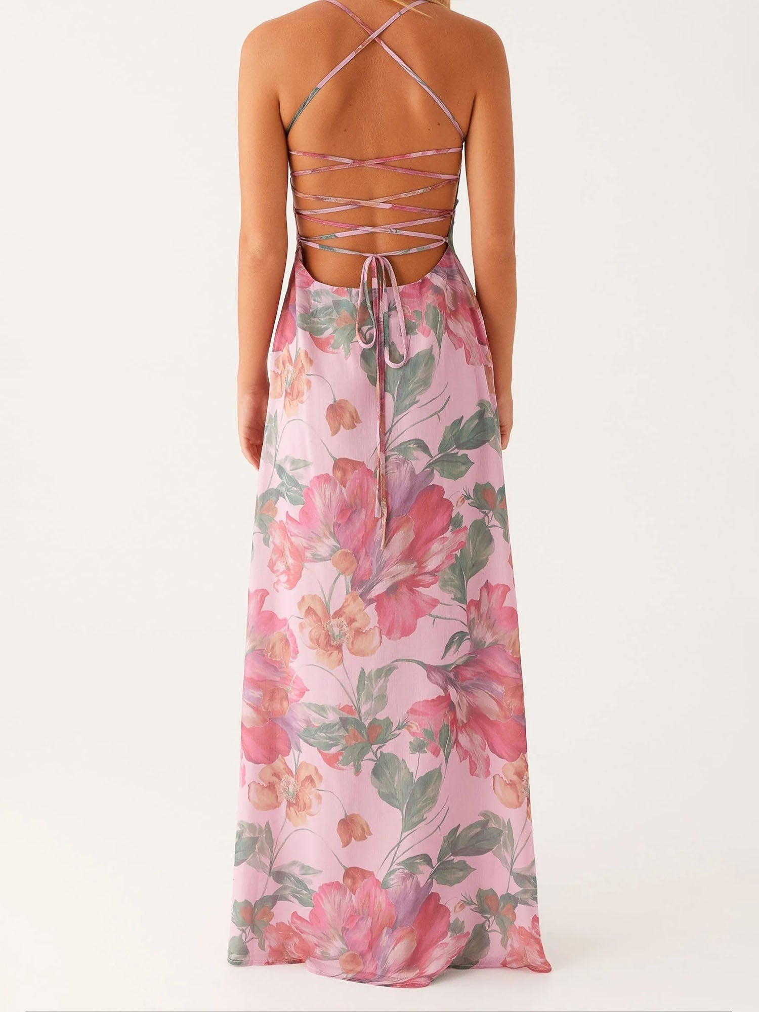 Pink Sheer Floral Maxi Dress with Spaghetti Straps