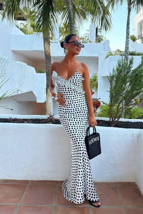 Talyor Ruffle Cross Polka Maxi Dress