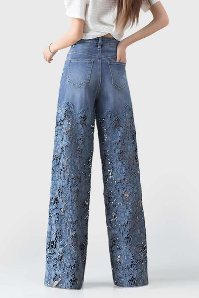 Lace Cut Out Patchwork Wide Leg Jeans