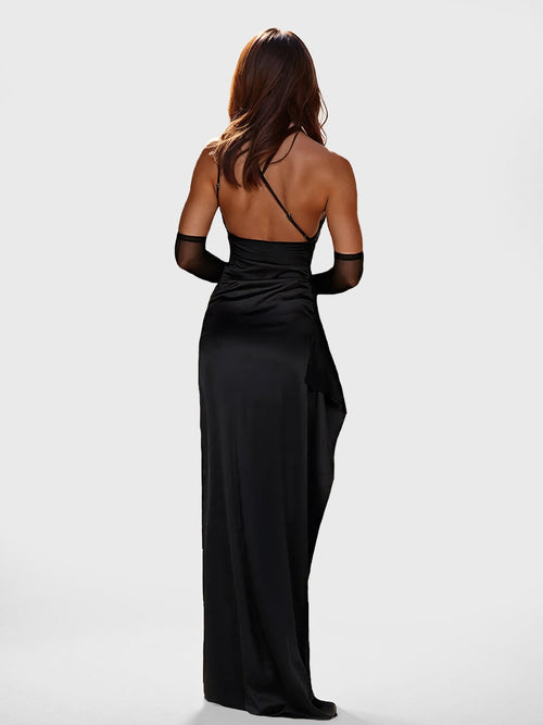 Asymmetrical Slit Satin Evening Dress