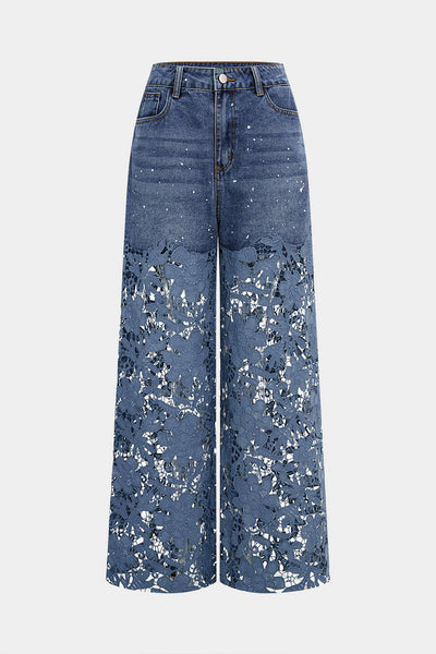 Lace Cut Out Patchwork Wide Leg Jeans