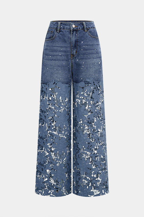 Lace Cut Out Patchwork Wide Leg Jeans