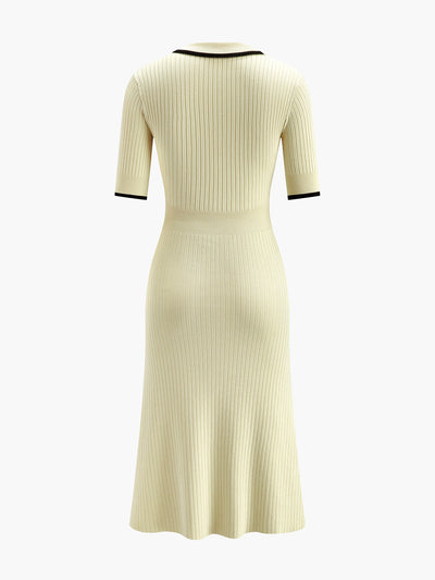 Contrast Trim Collared Rib Knit Short Sleeve Midi Dress