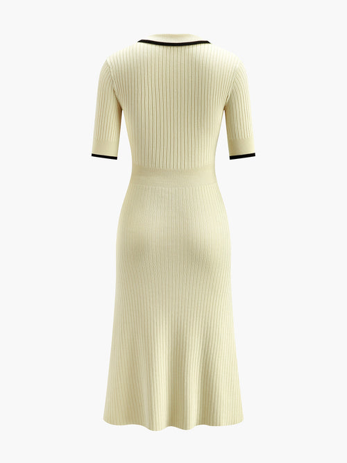 Contrast Trim Collared Rib Knit Short Sleeve Midi Dress