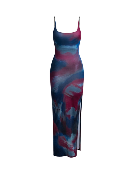 Tie Dye Backless Slit Slip Midi Dress