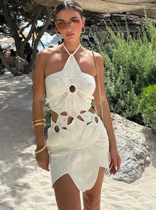 White Crochet Cutout Mini Dress