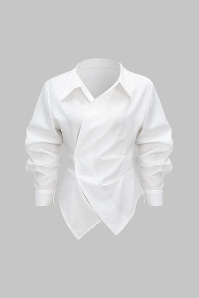 Button Irregular Ruched Long-Sleeve Shirt