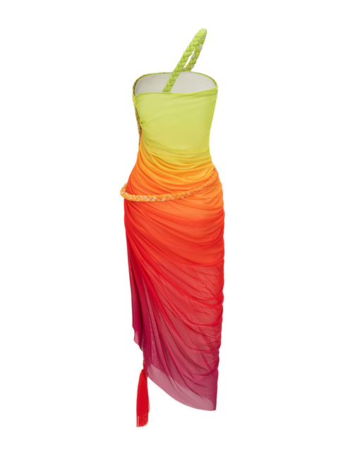 Ombre Print Mesh Braided Slit Sleeveless Midi Dress