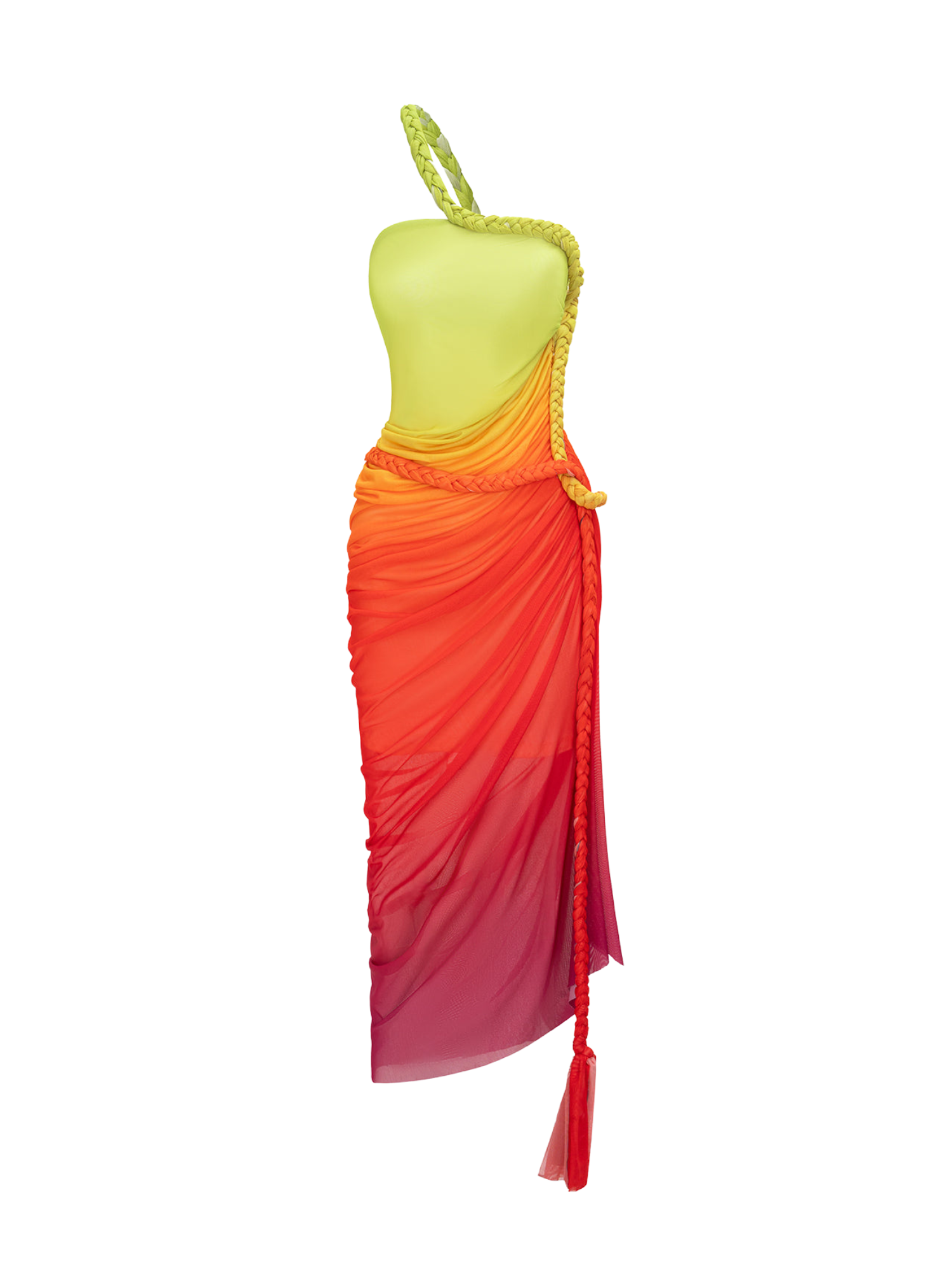 Ombre Print Mesh Braided Slit Sleeveless Midi Dress