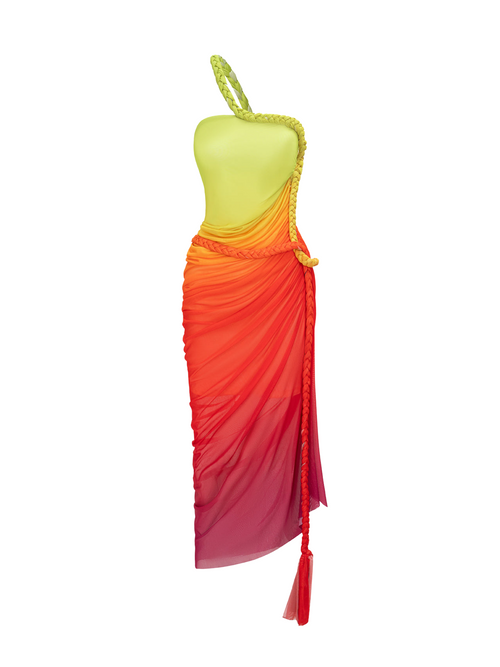 Ombre Print Mesh Braided Slit Sleeveless Midi Dress